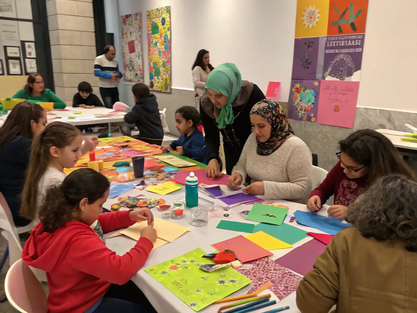 A dynamic image of children and adults creating art together during a community art workshop in Tulle, highlighting the organization's commitment to fostering creativity and artistic expression.