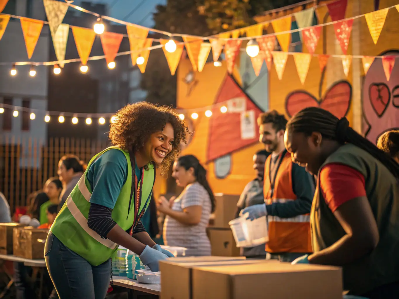 A vibrant image depicting volunteers setting up for the annual Tulle Arts Festival, showcasing community collaboration and artistic expression.