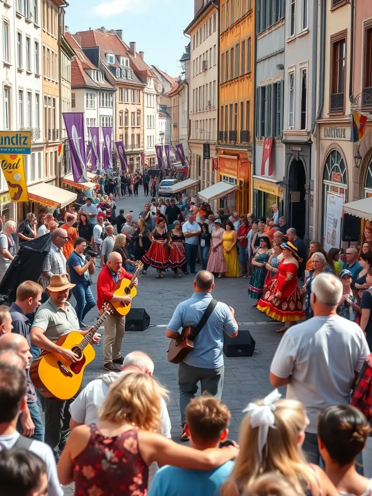 A vibrant photograph capturing the energy of the 'Fête de la Musique' in Tulle, showcasing musicians performing outdoors and a diverse crowd enjoying the event.