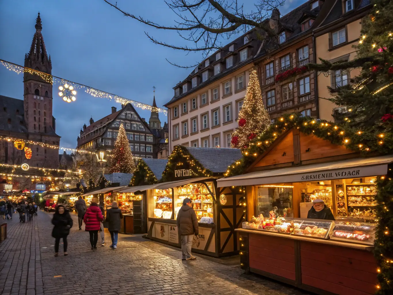 A photograph of a bustling marketplace during the 'Marché de Noël' in Tulle, showcasing the festive atmosphere and the organization's role in promoting local artisans and businesses.