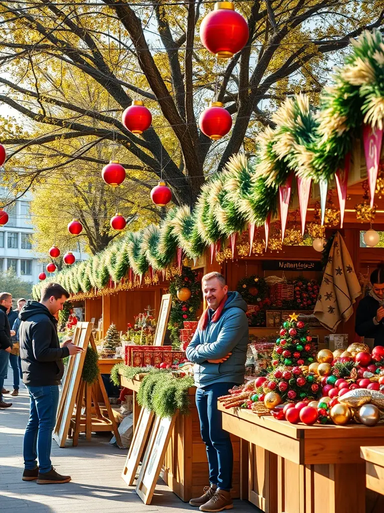 A dynamic shot of volunteers setting up for the 'Marché de Noël' in Tulle, emphasizing the collaborative spirit and festive atmosphere of the event.